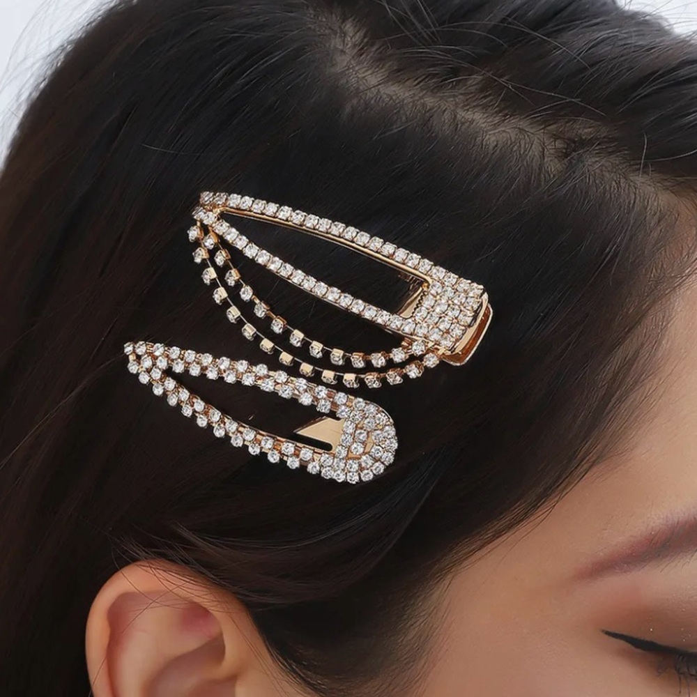 Elegant Gold Tone Drop Rhinestone Hair Clips Pair